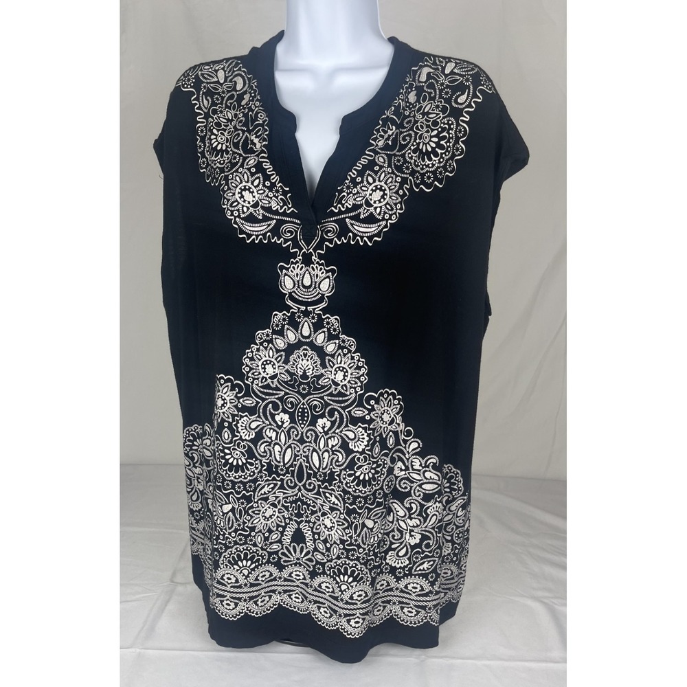 SOMA WOMENS XL BLACK WHITE FLORAL MEDALLION SLEEVELESS BLOUSE TUNIC STRETCH‎ TOP